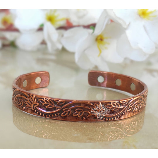 Indian Art Villa Pure Copper Kada With Embossed Floral Vines Dark Tone Design, Fashion Items & Accessorie, Diameter-2.8" Inches