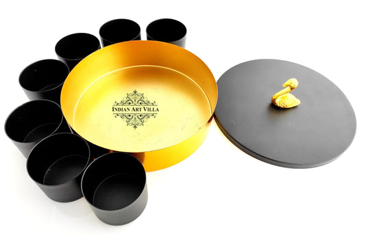 IndianArtVilla Handcrafted Masala Box with Black Lid and a designer handle | Diameter 8"