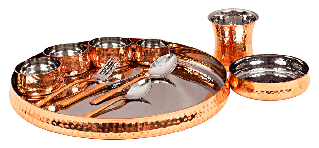 Steel Copper Hammered Design Curved Dinner Thali Set of 11 Pieces