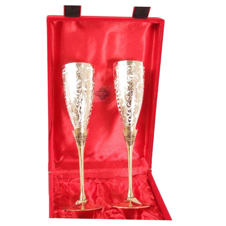 Set of 2 Silver Plated & Brass Champange Wine Glass With Box