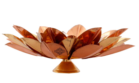Indian Art Villa Pure Copper Lotus Design Tea Light Candle Diya / Deepak With Black Velvet Gift Box, Colour-Gold, Silver & Brown, Width-8 Inches