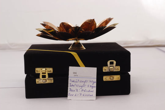 Indian Art Villa Pure Copper Lotus Design Tea Light Candle Diya / Deepak With Black Velvet Gift Box, Colour-Gold, Silver & Brown, Width-8 Inches