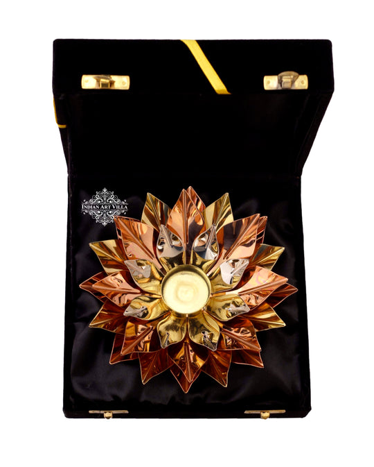 Indian Art Villa Pure Copper Lotus Design Tea Light Candle Diya / Deepak With Black Velvet Gift Box, Colour-Gold, Silver & Brown, Width-8 Inches