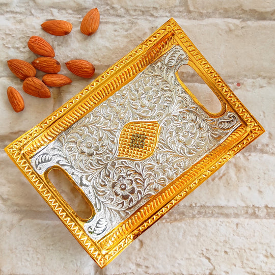 Indian Art Villa Silver-plated gold Polished Aluminum Flower Engraved rectangular Decorative Platter/Tray Width - 16"