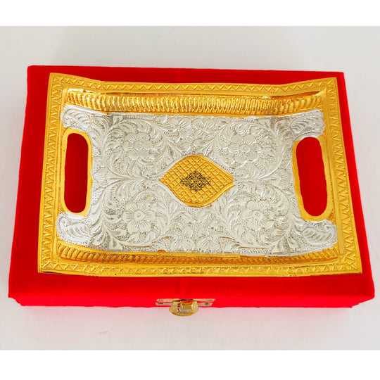 Indian Art Villa Silver-plated gold Polished Aluminum Flower Engraved rectangular Decorative Platter/Tray Width - 16"