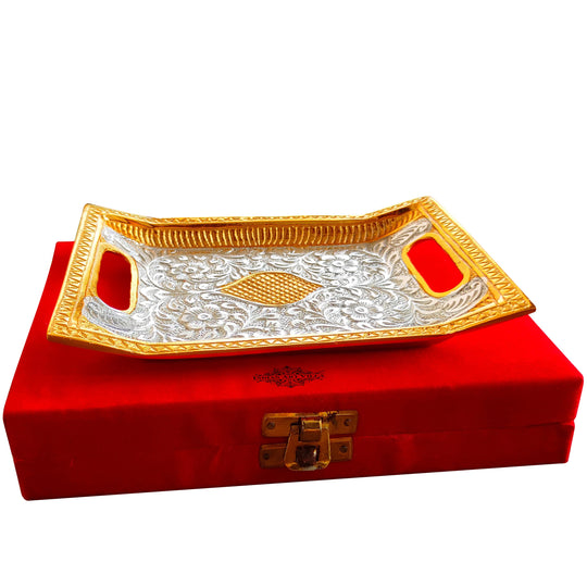 Indian Art Villa Silver-plated gold Polished Aluminum Flower Engraved rectangular Decorative Platter/Tray Width - 16"