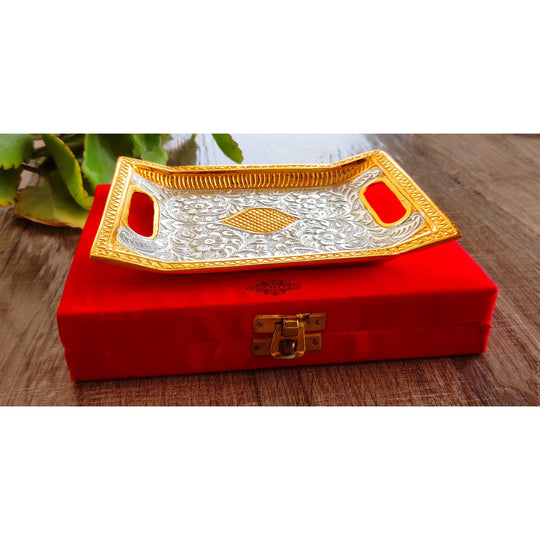 Indian Art Villa Silver-plated gold Polished Aluminum Flower Engraved rectangular Decorative Platter/Tray Width - 16"