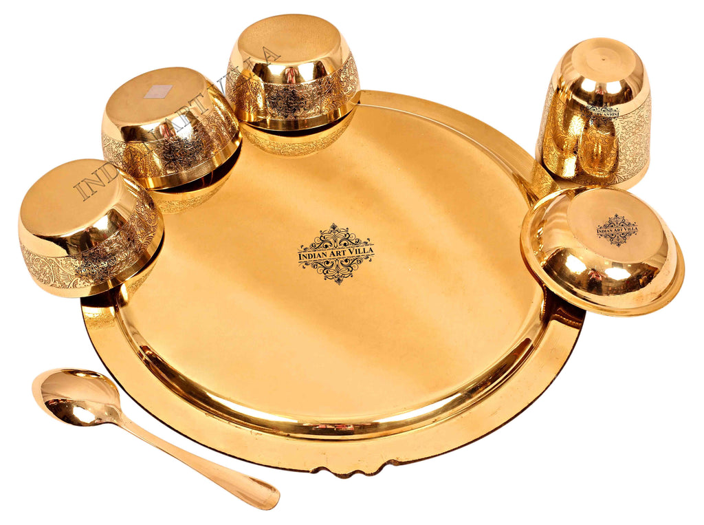 Brass Embossed Design Mughlai Style Dinner Thali Set ( 7 Pieces ) Brass Dinner Set IAV-BB-TW-106