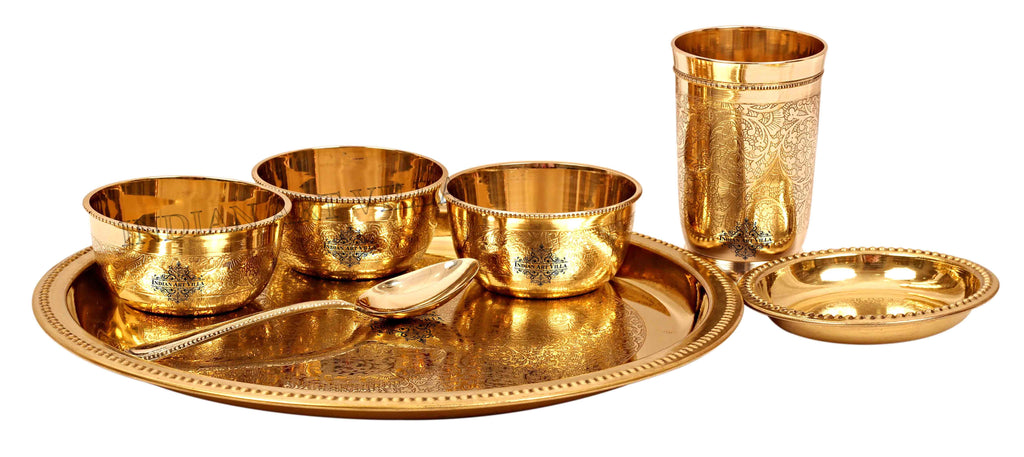 Brass Embossed Design Traditional Dinner Thali Set  ( 7 Pieces )