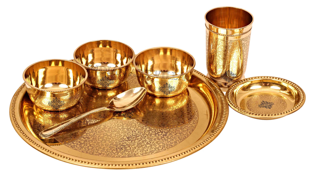 Brass Embossed Design Traditional Dinner Thali Set ( 7 Pieces ) Brass Dinner Set IAV-BB-TW-105