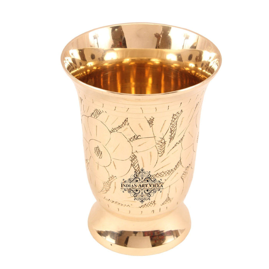 Brass Flower Design Mughlai Glass Cup 10 Oz Brass Tumblers Indian Art Villa