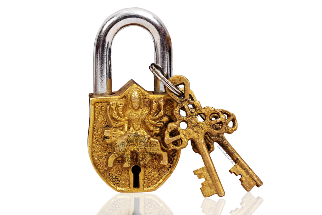 Brass Handmade Durga Mata Design Lock With 2 Keys