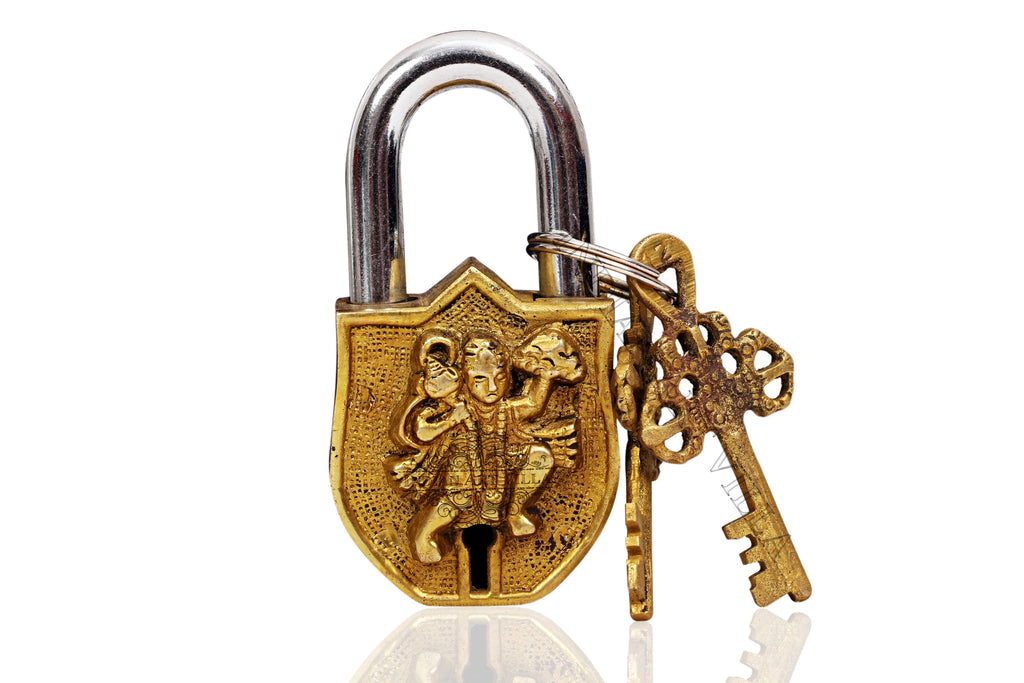 Brass Handmade Hanuman Ji Design Lock With 2 Keys