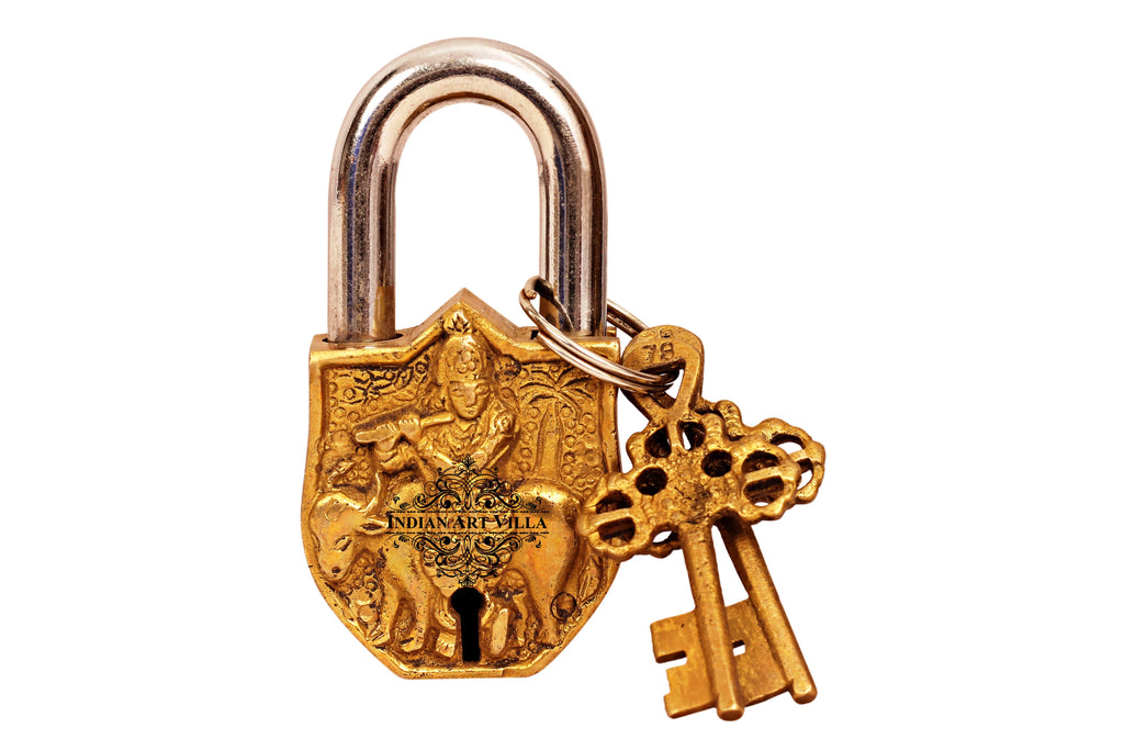 Brass Handmade Krishna Design Lock With 2 Keys