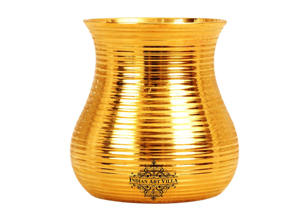 Brass Handmade Lining Design Glass Tumbler Cup,Serving Drinking Water, 350 ML