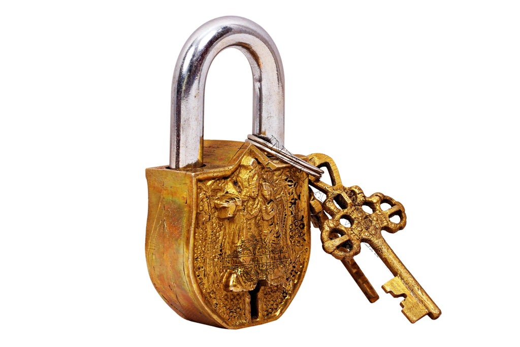 Brass Handmade Radha Krishna Design Lock With 2 Keys Designer Locks CC-1