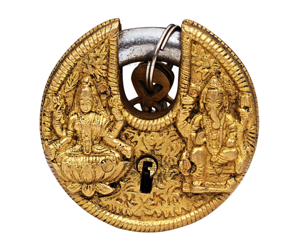 Brass Handmade Round Ganesh Lakshmi Ji Lock with Keys