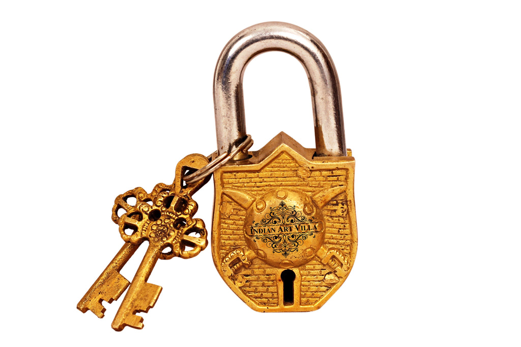 Brass Handmade Sheild & Sword Design Lock With 2 Keys