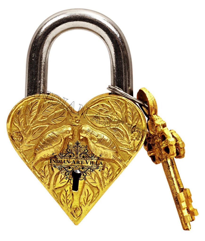 Brass Heart Shape Pair of Parrot Design Lock with 2 Keys with 2 keys