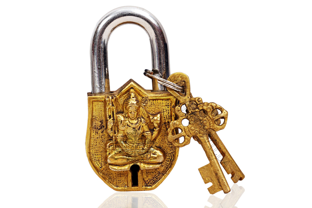 Brass Meditating Lord Shiv Design Lock With 2 Keys