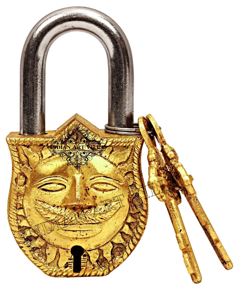 Brass Surya Dev Smiling Sun Design Lock with 2 Keys