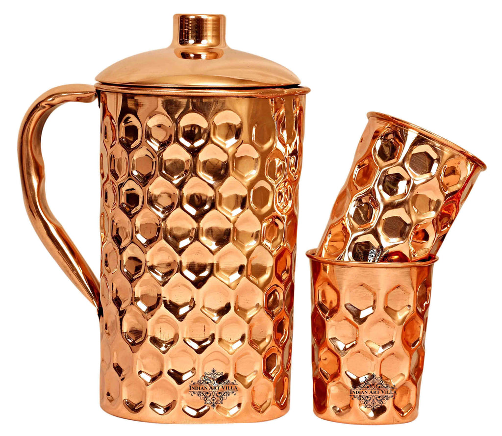 Copper Diamond Hammered Jug No.4 with 2 Diamond Glass ( 3 Pieces )