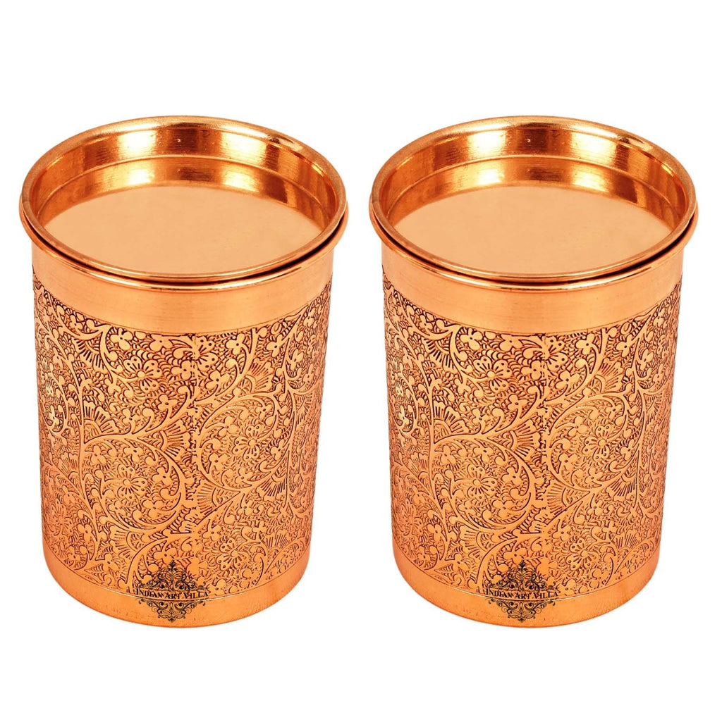 Copper Embossed Design Glass with Lid 10 Oz Copper Tumblers IAV-CCB-DW-1123 2 Pieces