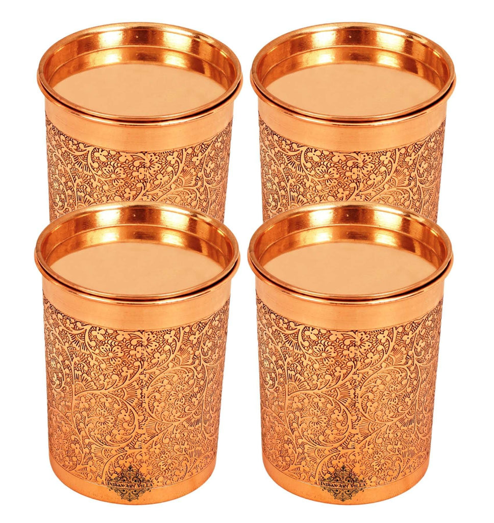 Copper Embossed Design Glass with Lid 10 Oz Copper Tumblers IAV-CCB-DW-1123 4 Pieces