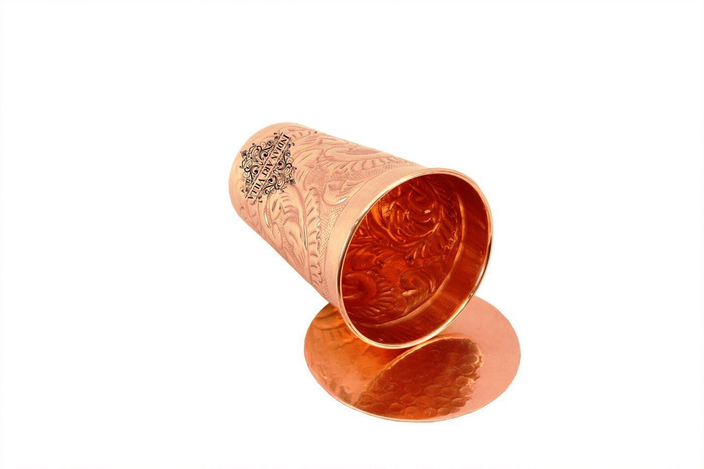 Copper Engraved Flower Design Glass Tumbler with Coaster | 350 ML Copper Ware Drink Ware Combo Indian Art Villa