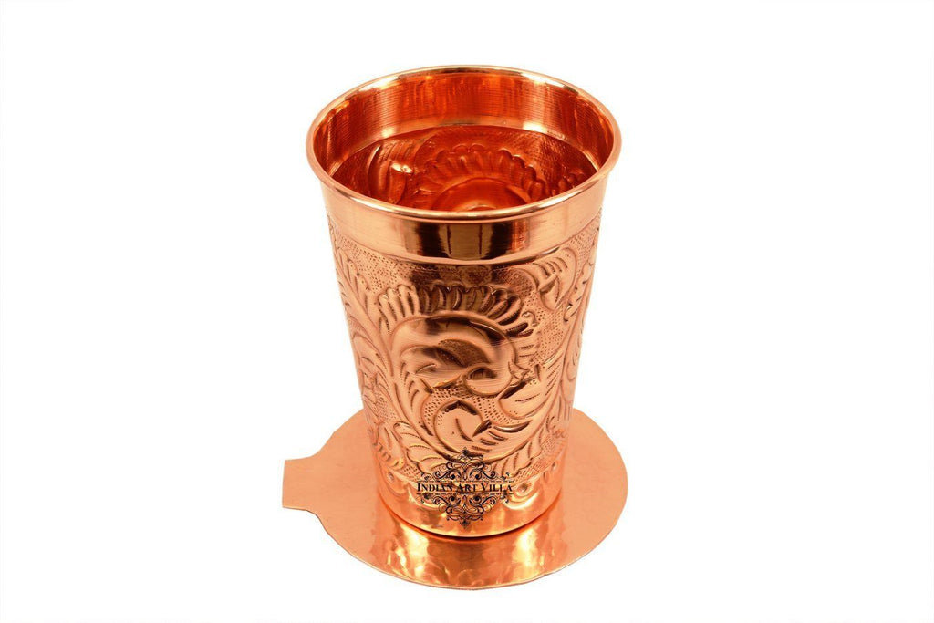 Copper Engraved Flower Design Glass Tumbler with Coaster | 350 ML Copper Ware Drink Ware Combo Indian Art Villa