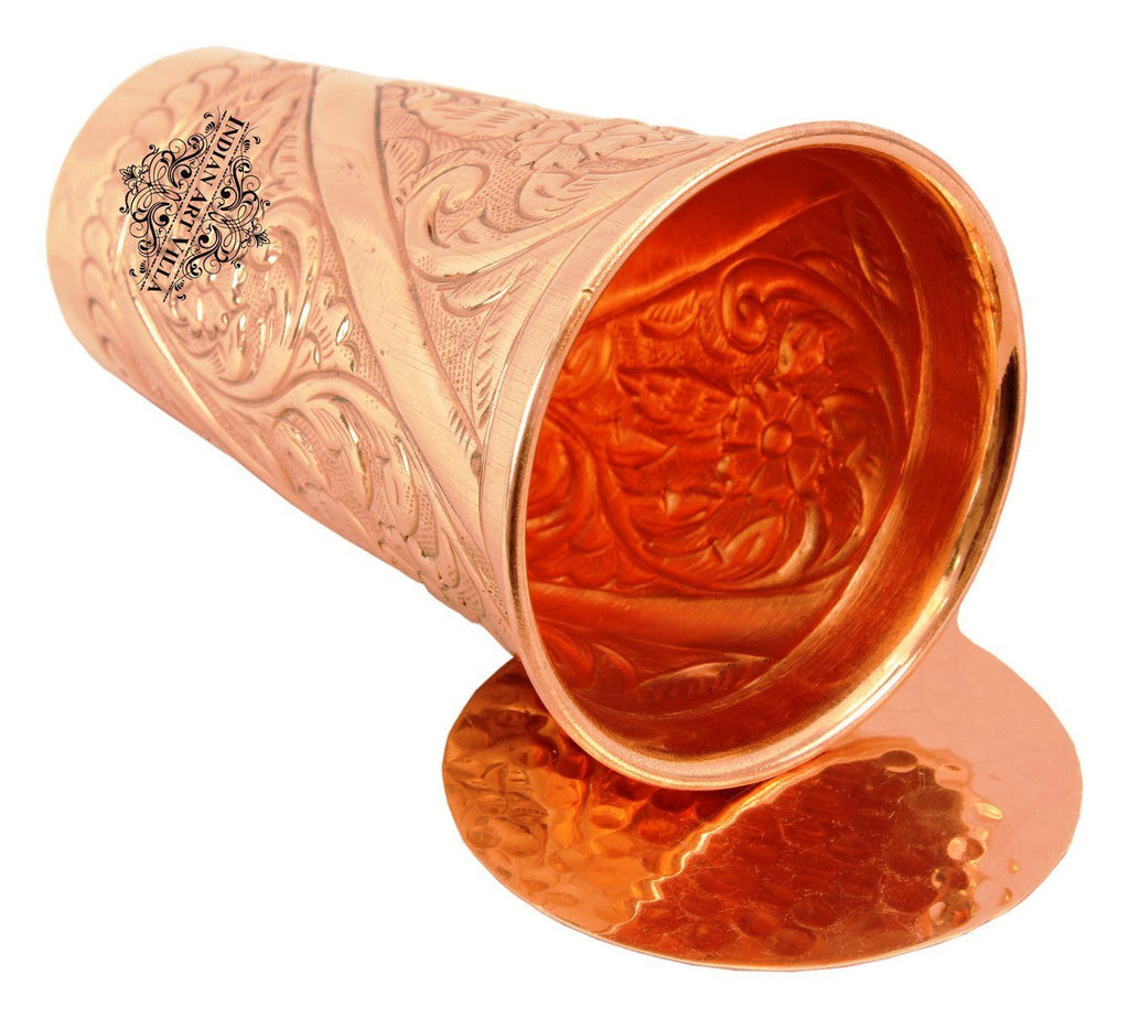 Copper Engraved Flower Design Glass Tumbler with Coaster | 525 ML Copper Ware Drink Ware Combo Indian Art Villa