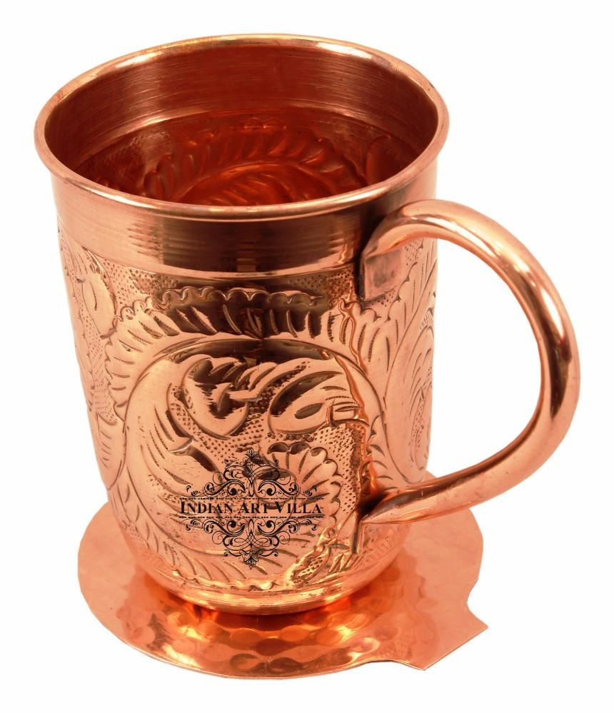 Copper Flower Design Long Beer Mug Cup 15 Oz with Coaster Coaster Beer Mugs Indian Art Villa