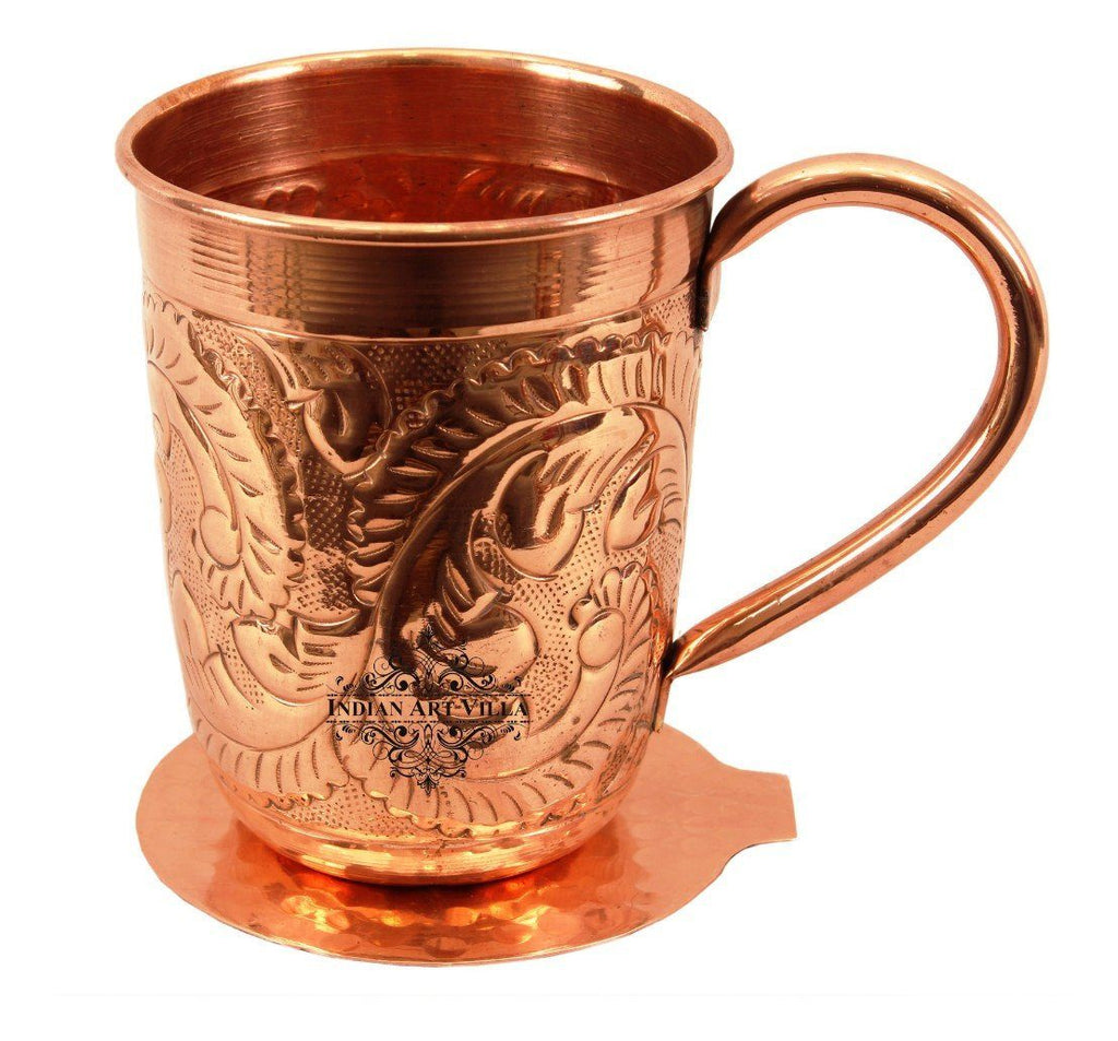 Copper Flower Design Long Beer Mug Cup 15 Oz with Coaster Coaster Beer Mugs Indian Art Villa