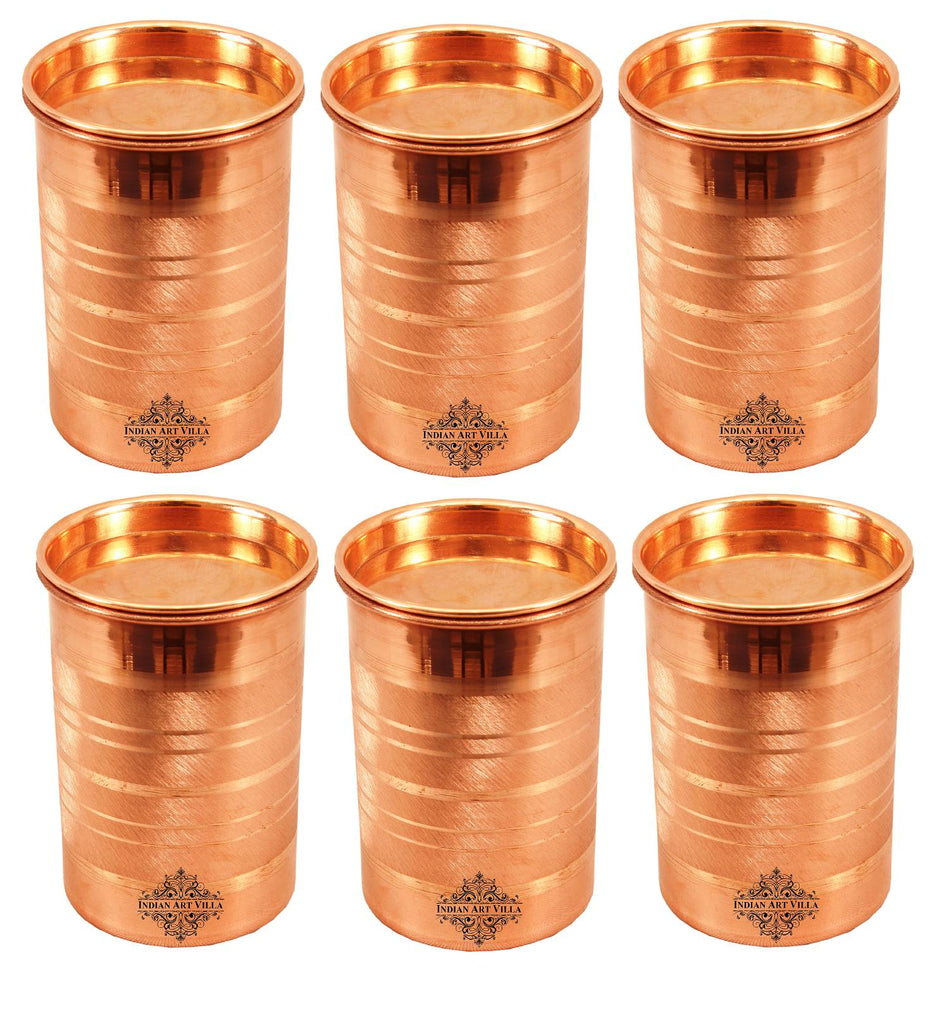 Copper Glass Tumbler Cup with Lid | 300 ML Copper Ware Drink Ware Combo Indian Art Villa 6 Pieces