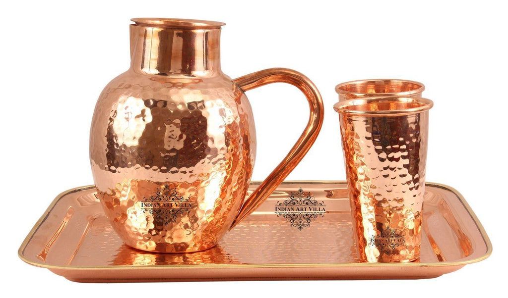 Copper Hammered 1 Surai Jug Pitcher |1600 ML| with 2 Glass Tumbler | 400 ML each & 1 Tray Platter