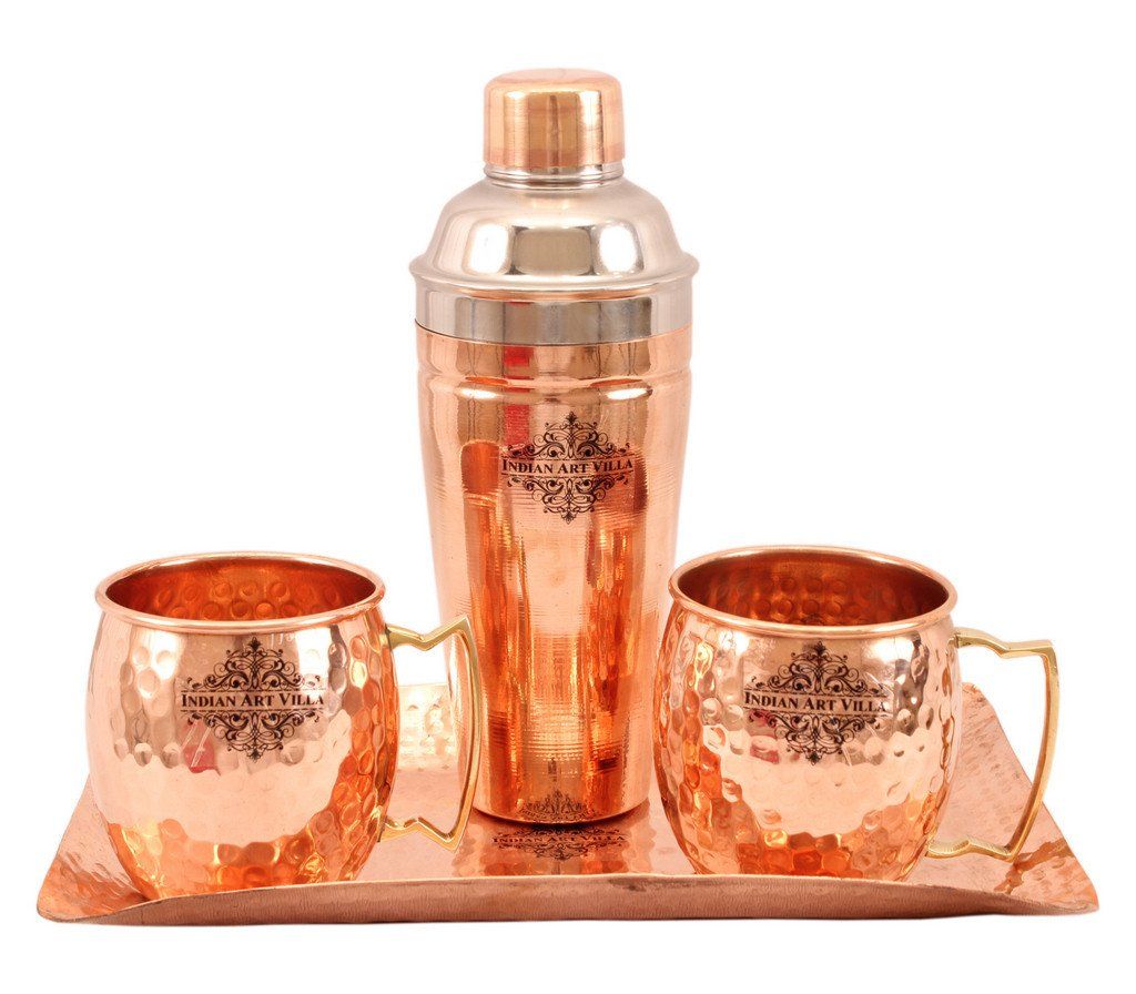 Copper Hammered 2 Mug Cups with Steel Copper Wine Shaker & 1 Hammered Tray Platter Steel Copper Ware Bar Ware Combo Indian Art Villa