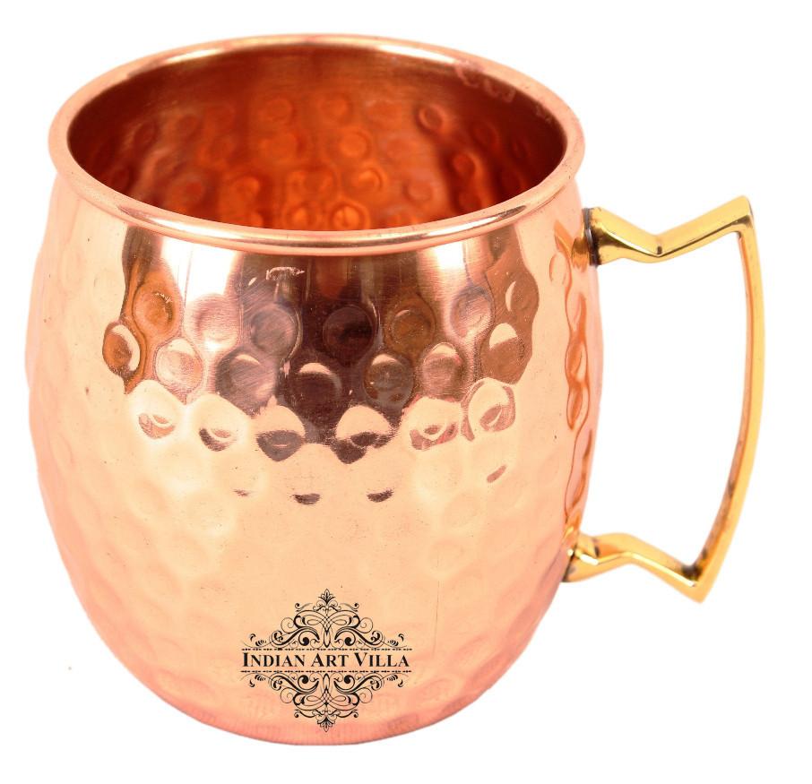 Copper Hammered 2 Mug Cups with Steel Copper Wine Shaker & 1 Hammered Tray Platter Steel Copper Ware Bar Ware Combo Indian Art Villa