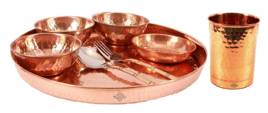Copper Hammered 8 Piece Dinner Multi Cuisine Set Copper Ware Tableware Combo Indian Art Villa
