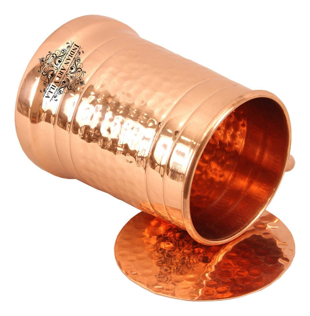 Copper Hammered Big Mug Cup with Coaster | 600 ML Copper Ware Bar Ware Combo Indian Art Villa