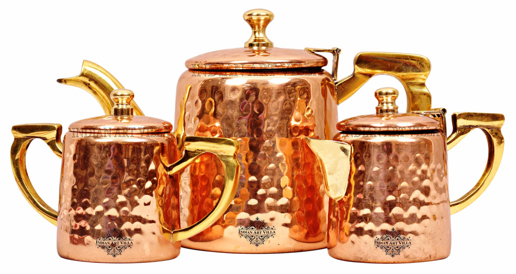 Copper Hammered Design Set of 1 Milk,1 Sugar,1 Tea Pot & Brass Handle Tea Pots IAV-CCB-TW-127 