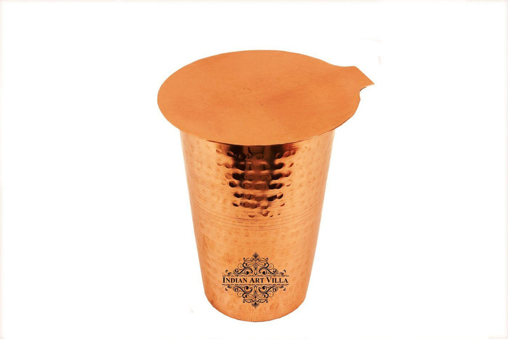 Copper Hammered Glass Tumbler with Coaster | 300 ML Copper Ware Drink Ware Combo Indian Art Villa