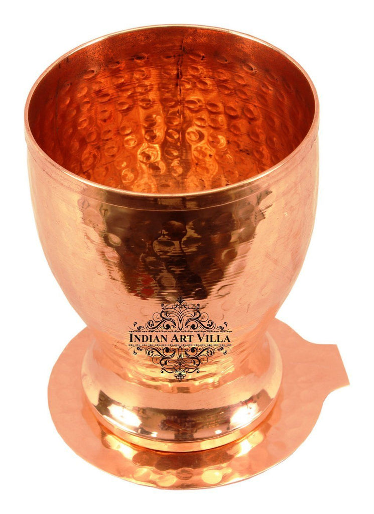 Copper Hammered Goblet Glass Tumbler with Coaster | 350 ML Copper Ware Drink Ware Combo Indian Art Villa