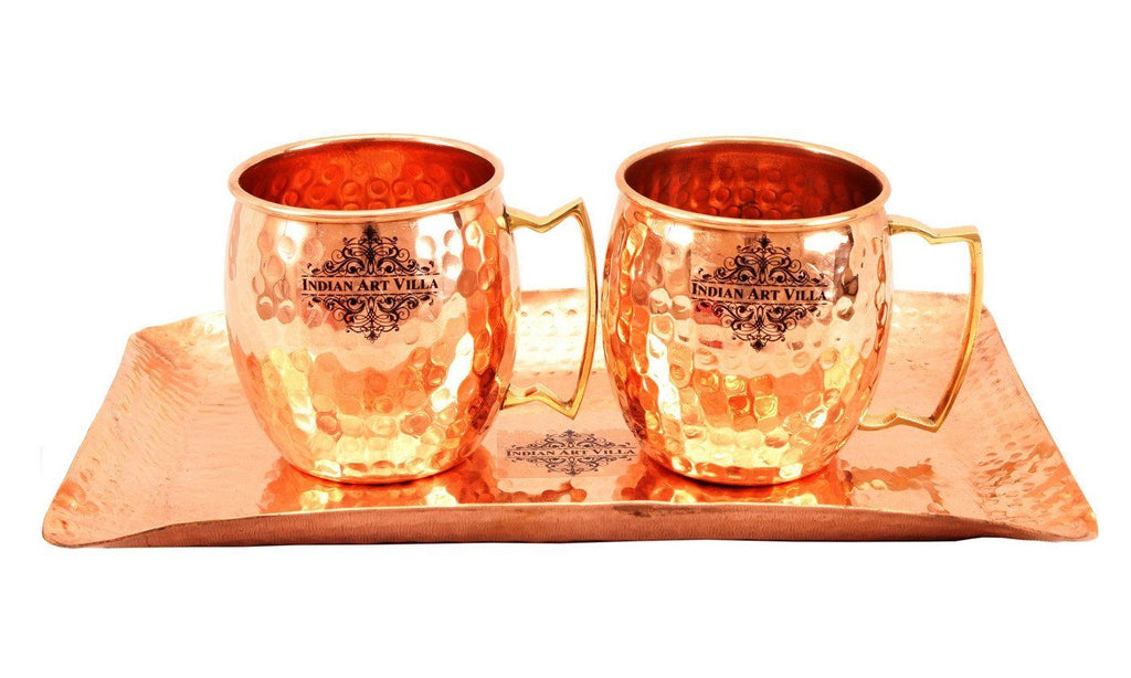 Copper Hammered Set of 2 Moscow Mule Beer Mug Cups | 530 ML each | with 1 Tray Platter