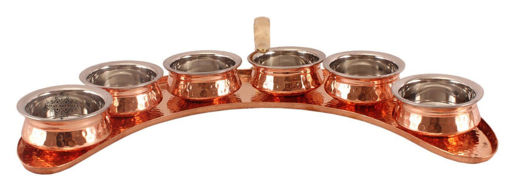 Copper Maharaja Style Half Moon Tray Plate with 6 Serving Sauce Pot Copper Ware Tableware Combo Indian Art Villa