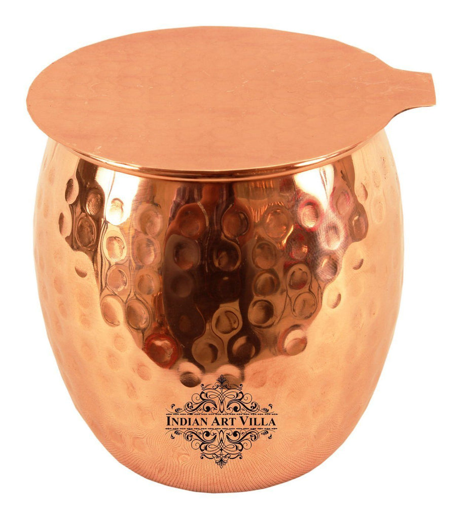 Copper Round Hammered Glass Tumbler with Coaster | 590 ML Copper Ware Drink Ware Combo Indian Art Villa