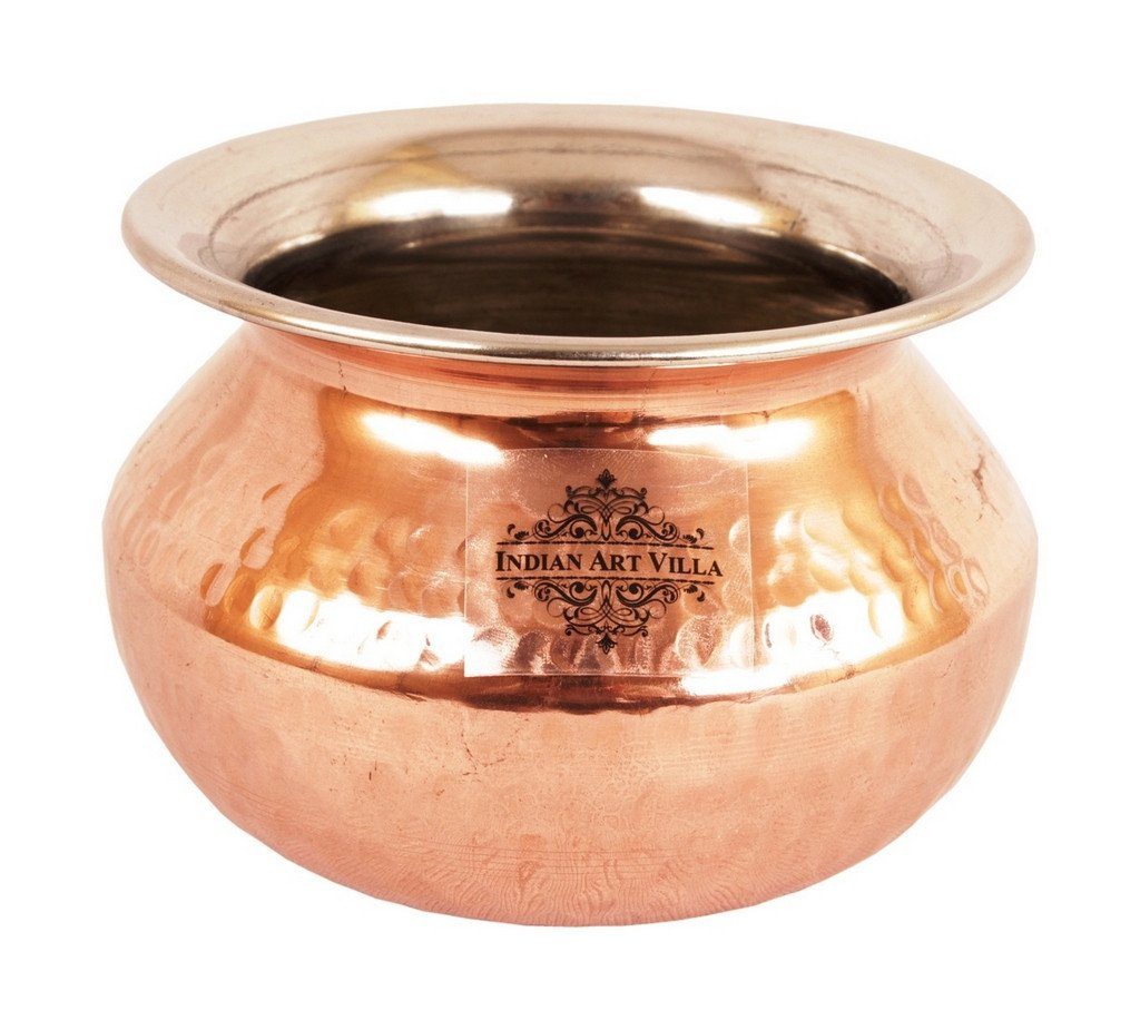 Copper Sigri Angeethi with Brass Stand & 1 Steel Copper Handi | 450 ML | with 1 Serving Spoon Steel Copper Serve Ware Combo Indian Art Villa