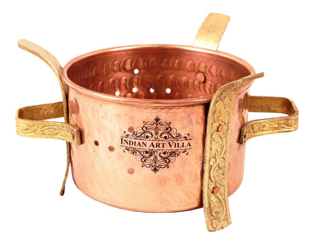 Copper Sigri Angeethi with Brass Stand & 1 Steel Copper Handi | 450 ML | with 1 Serving Spoon Steel Copper Serve Ware Combo Indian Art Villa