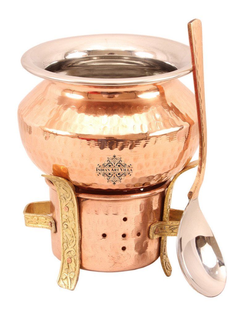 Copper Sigri Angeethi with Brass Stand & 1 Steel Copper Handi | 450 ML | with 1 Serving Spoon