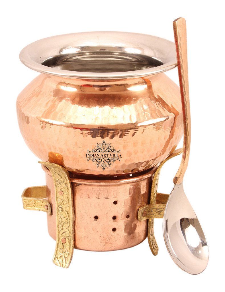 Copper Sigri Angeethi with Brass Stand & 1 Steel Copper Handi | 900 ML | with 1 Serving Spoon