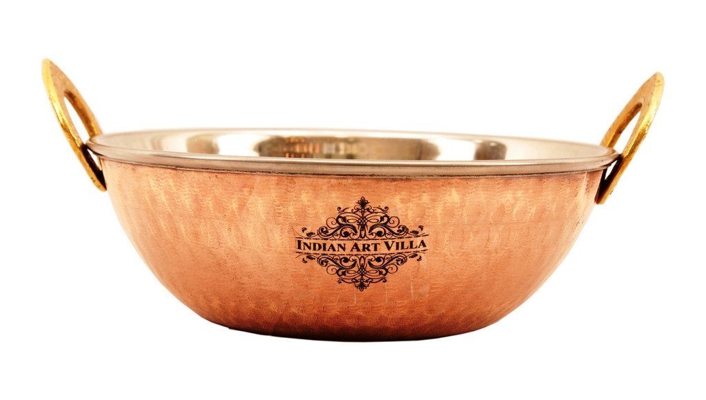 Copper Sigri Angeethi with Brass Stand 1 Steel Copper Kadai Wok Bowl | 500 ML | & 1 Spoon Steel Copper Serve Ware Combo Indian Art Villa